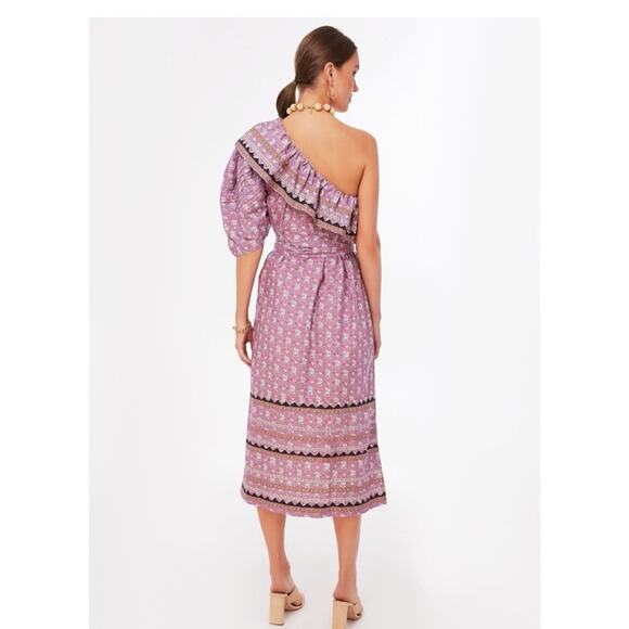 Sea NY Perry Border One Shoulder Floral Dress Lilac Puff Sleeve Midi Sz XS - Picture 2 of 10